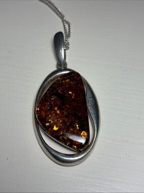 Sterling Silver Amber Teardrop Pendant Necklace - Rich Cognac Amber